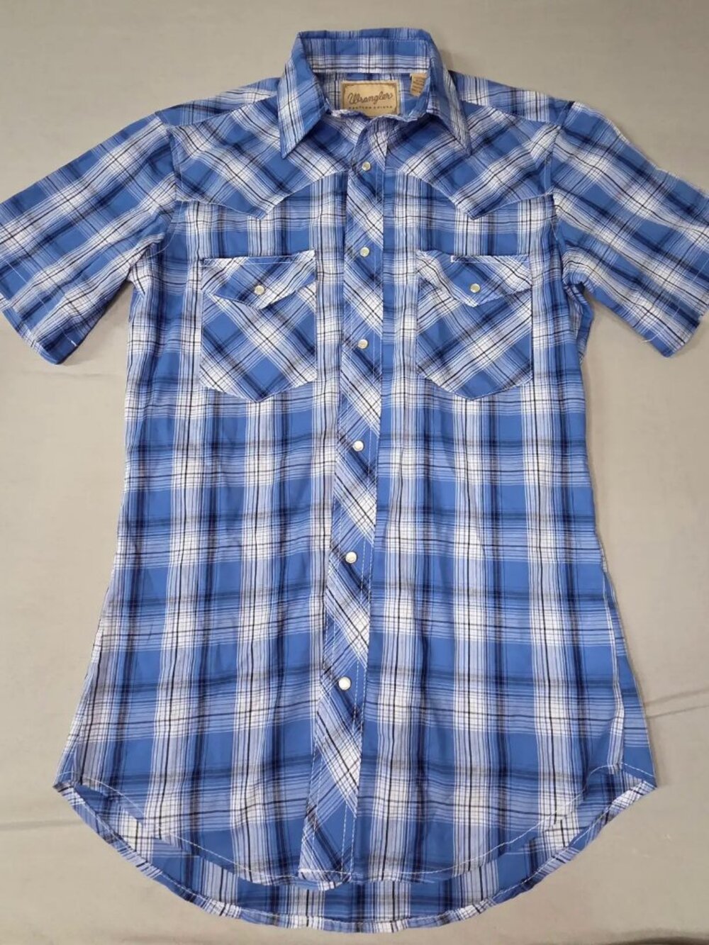 Wrangler Western Mens S Blue White Plaid Pearl Snap Shirt